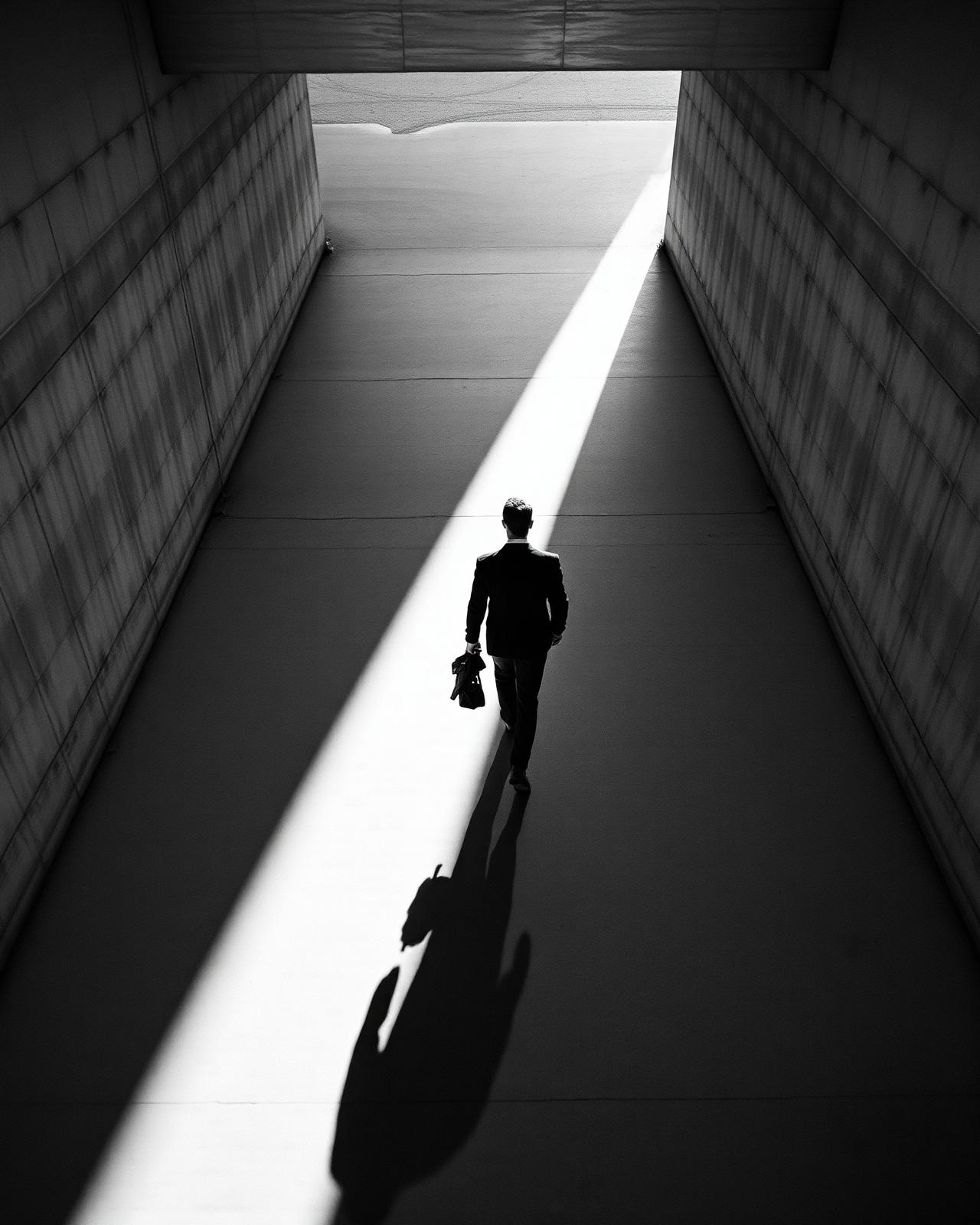 Profesional caminando solo en arquitectura minimalista